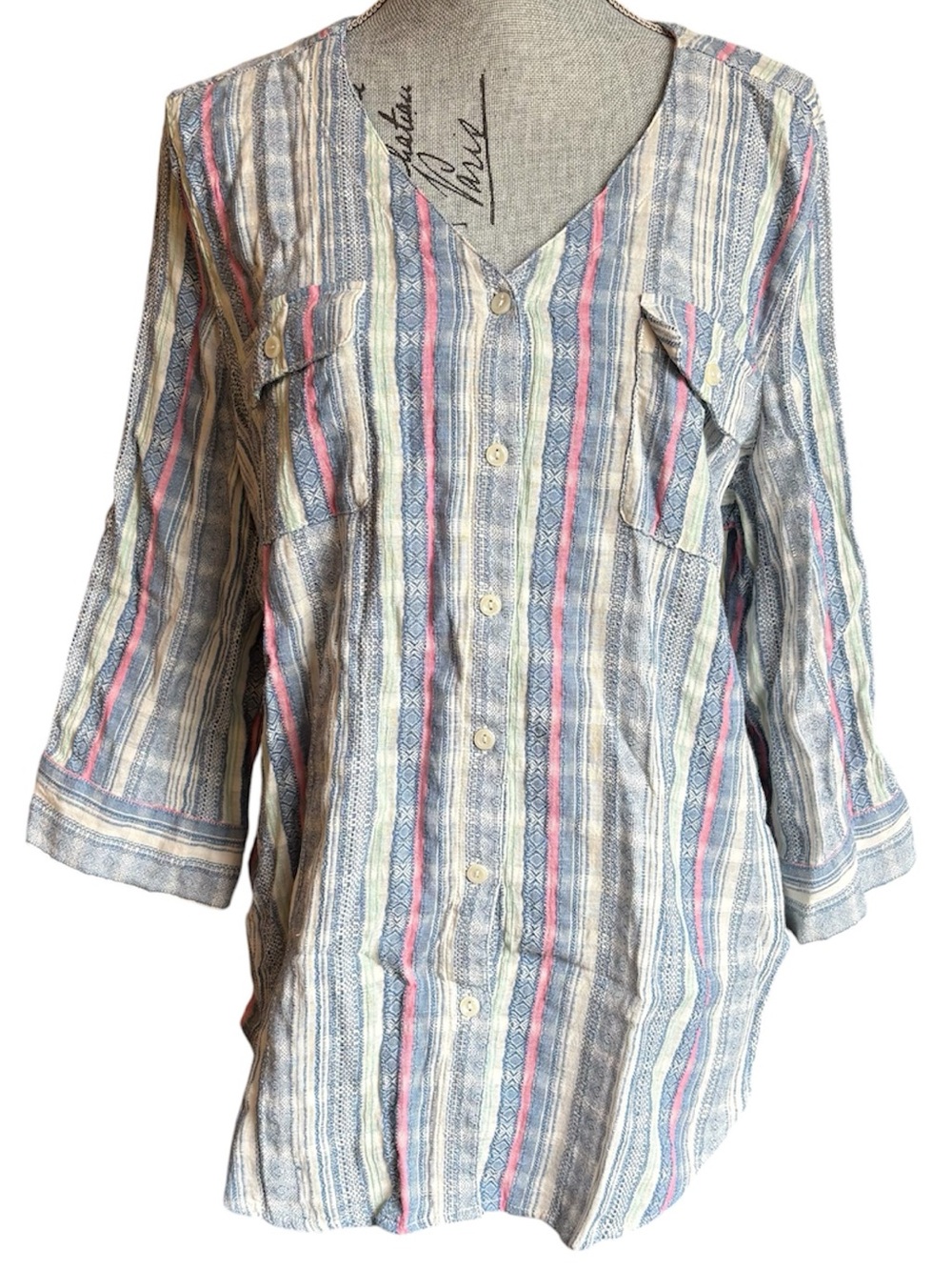 FDJ Cottagecore Striped Plaid Button Up Summer Oversized Coastal Grandmother